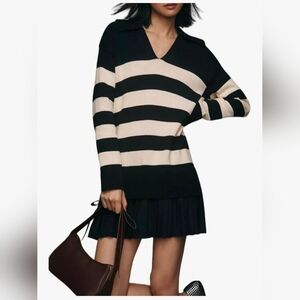 Casual Striped Long Sleeve Polo V Neck Pleated Mini Dress #1120